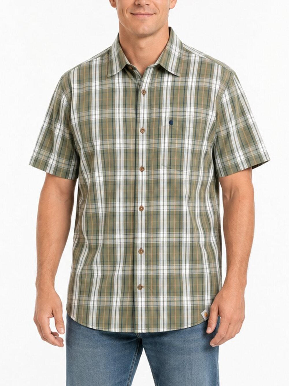 Carhartt Mens L Regular Relaxed Fit Green Plaid Short Sleeve Shirt 100% Cotton